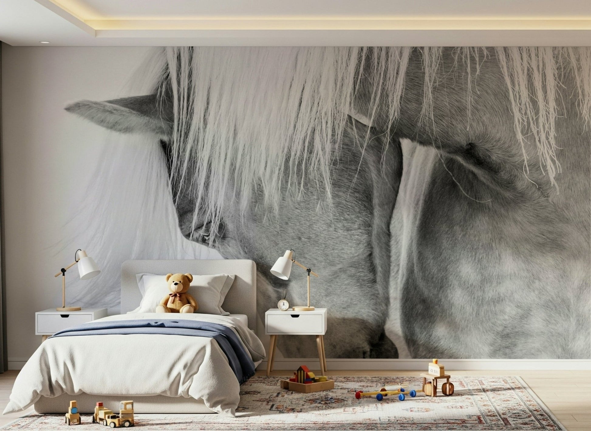 An artistic soft focus mural on minimalist wallpaper.