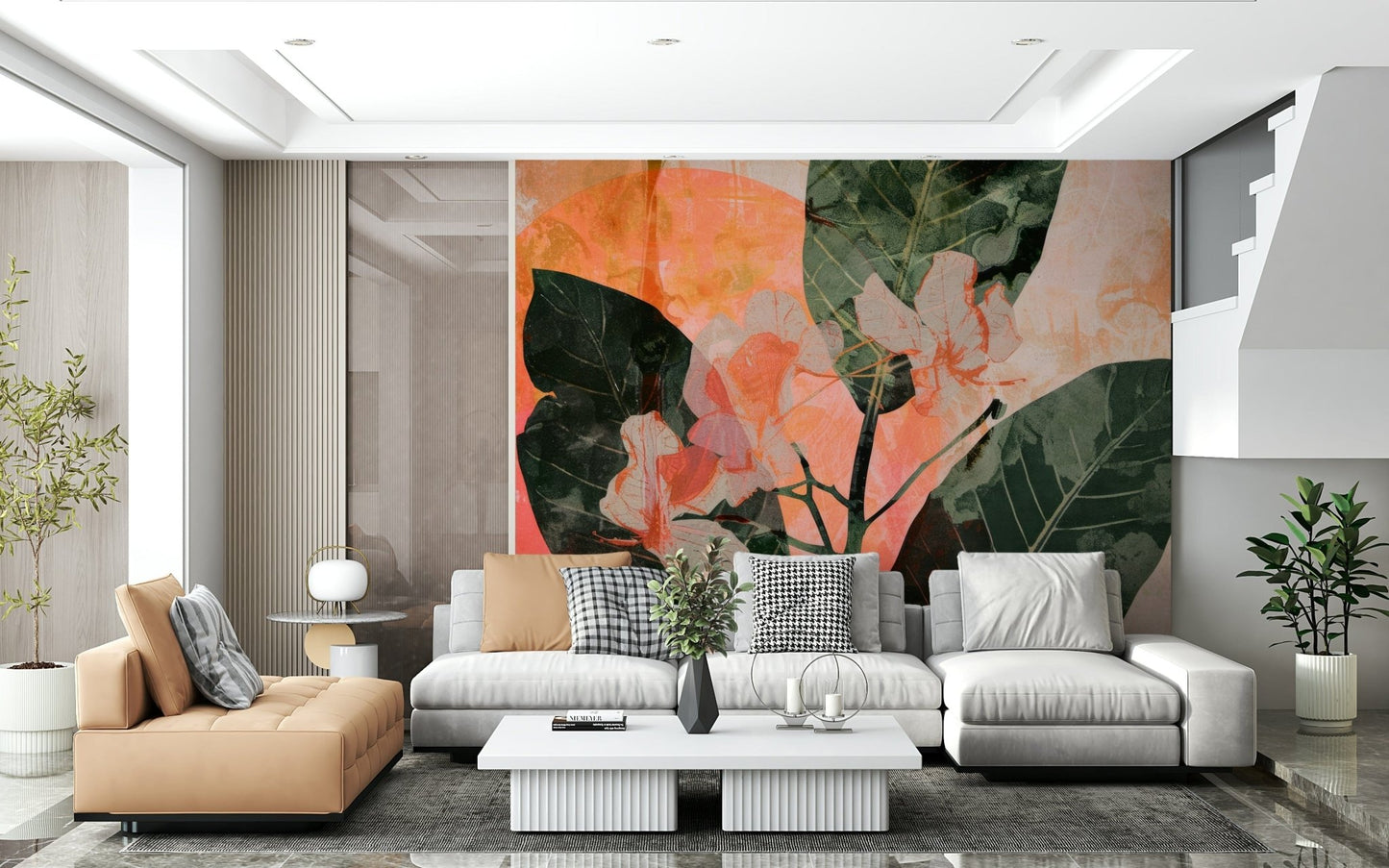 A graceful subtle flower wall mural in soft, elegant tones.