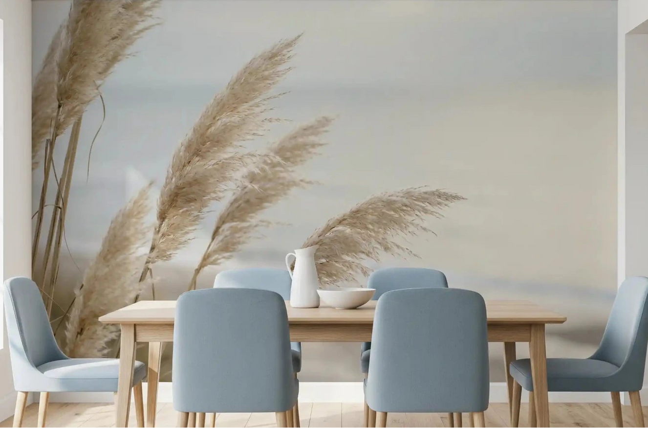 Whispers of Pampas Shore Wall Mural applied in a modern dining room.