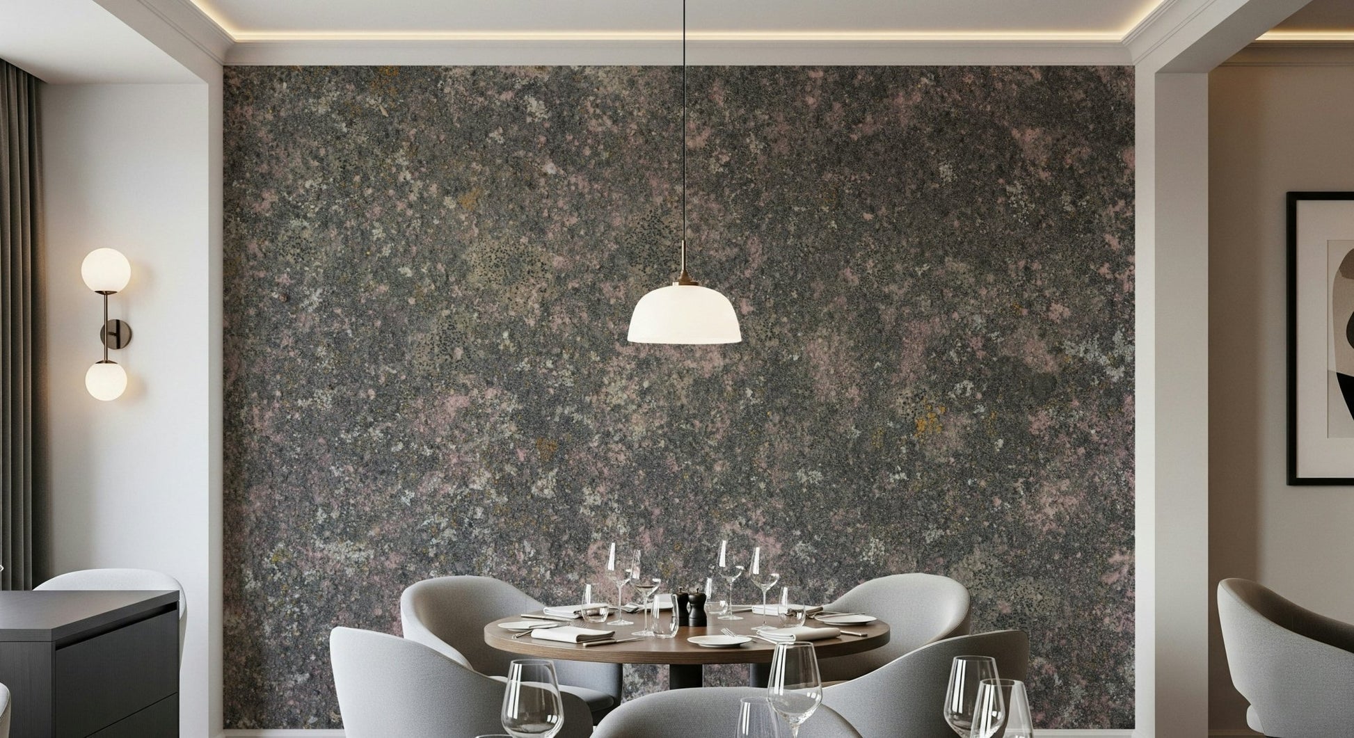 Modern office space with calming pink stone wallpaper mural

