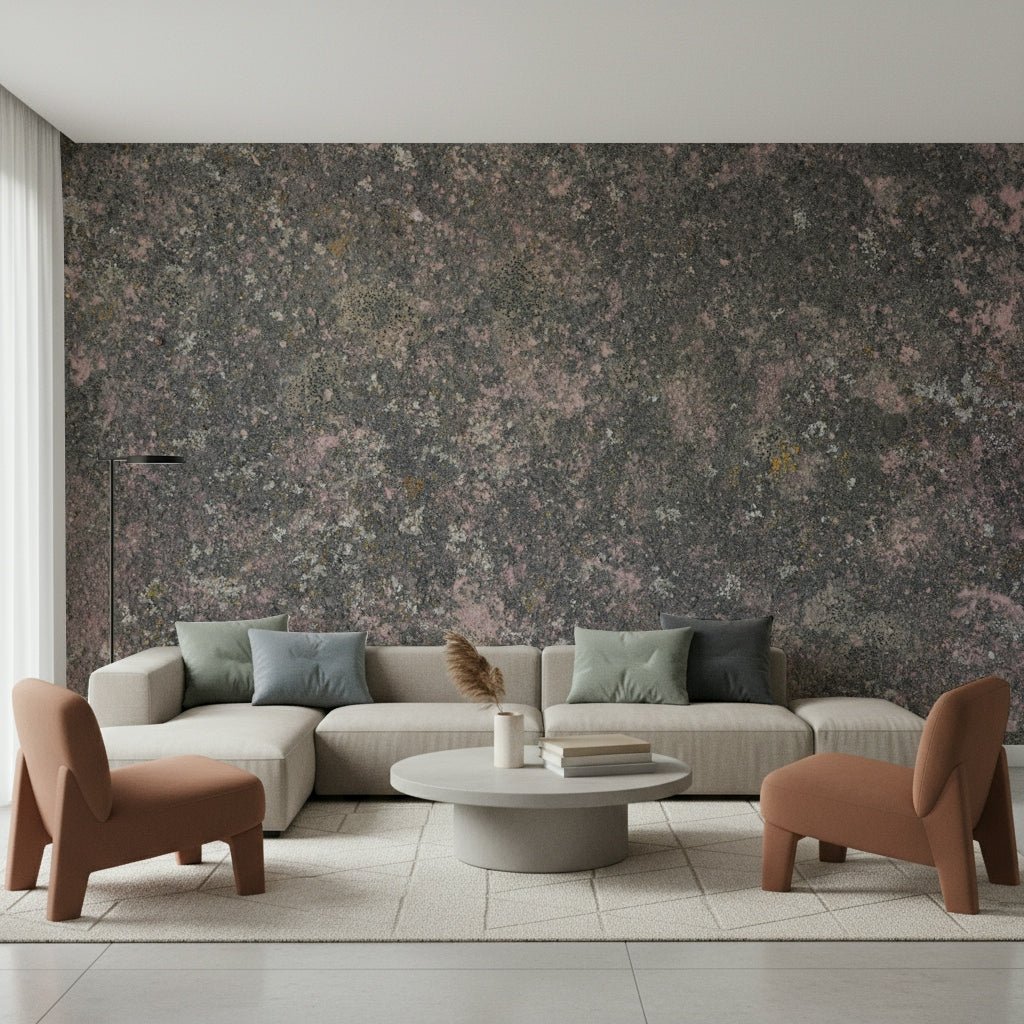 Living room accented with Whispers of Pink Stone wallpaper mural

