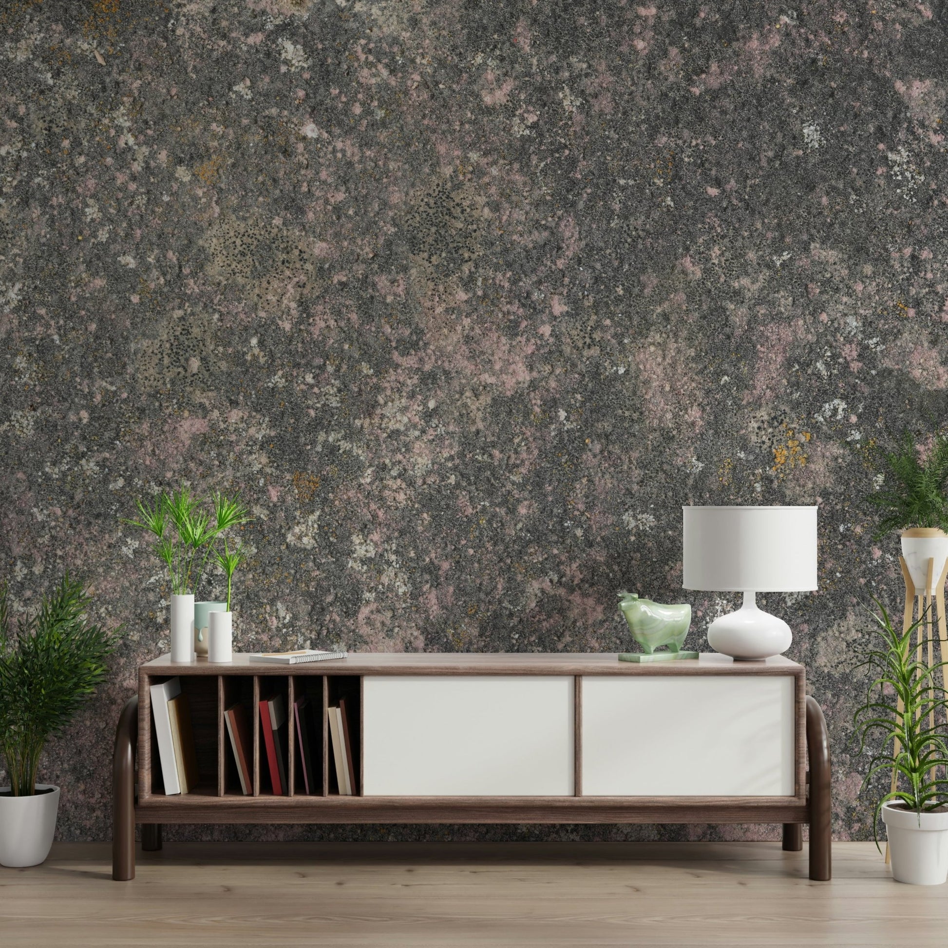 Soft lighting enhancing pink stone details on wallpaper mural

