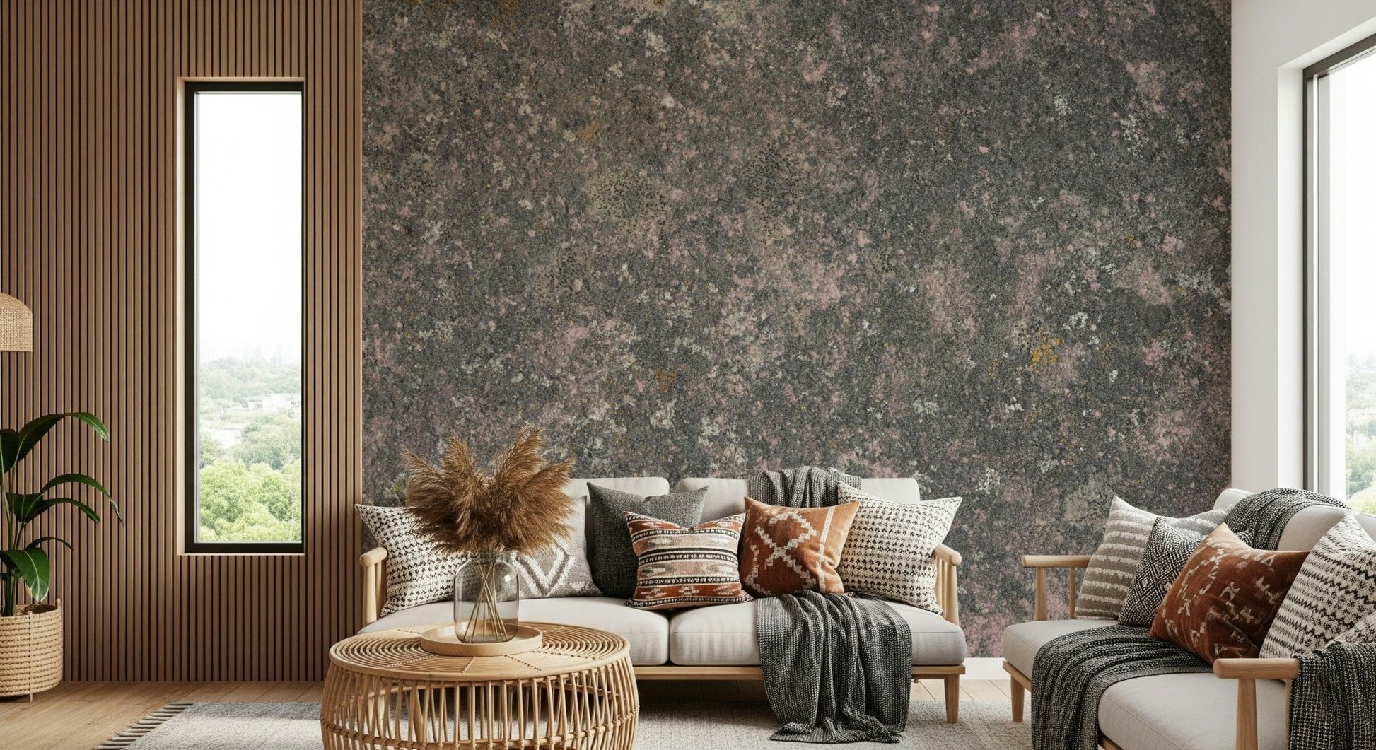 Close-up of soft pink stone texture on peel and stick wallpaper

