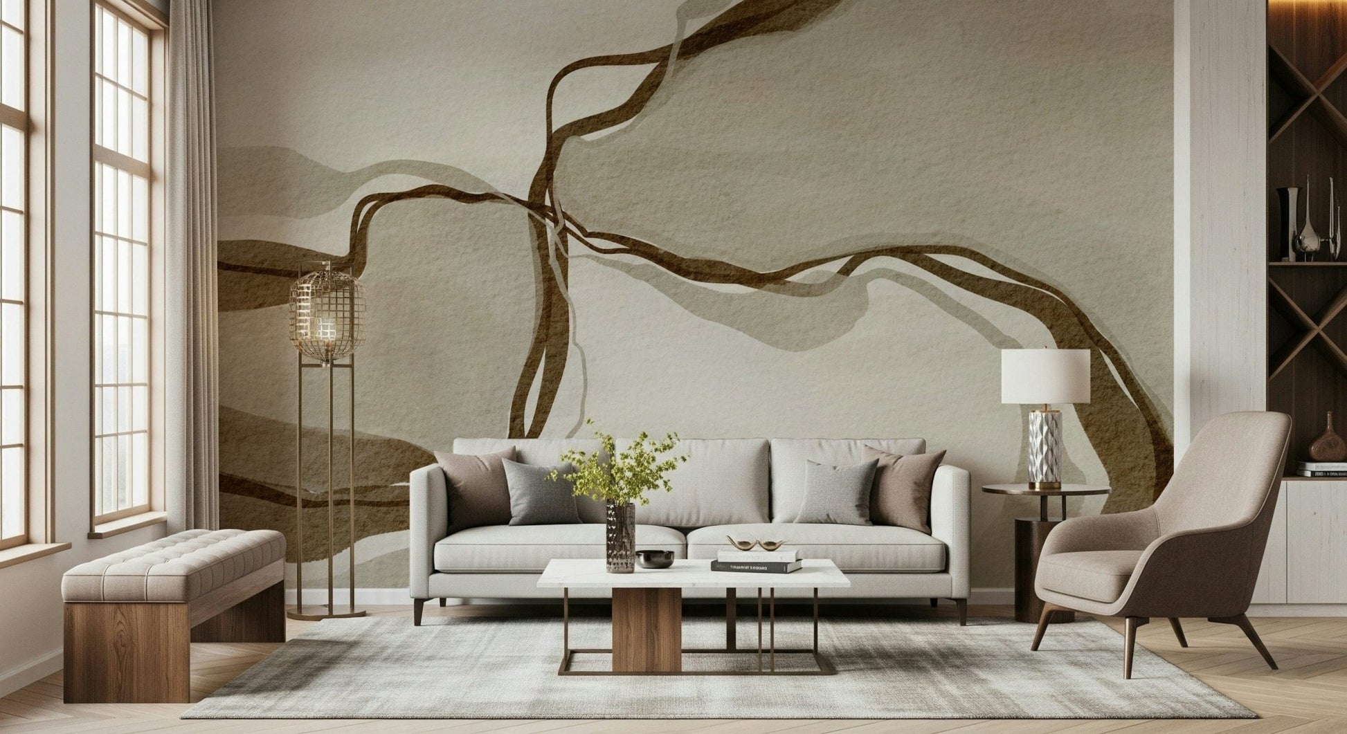 Earthy Sepia wall mural, translucent layers, artistic.