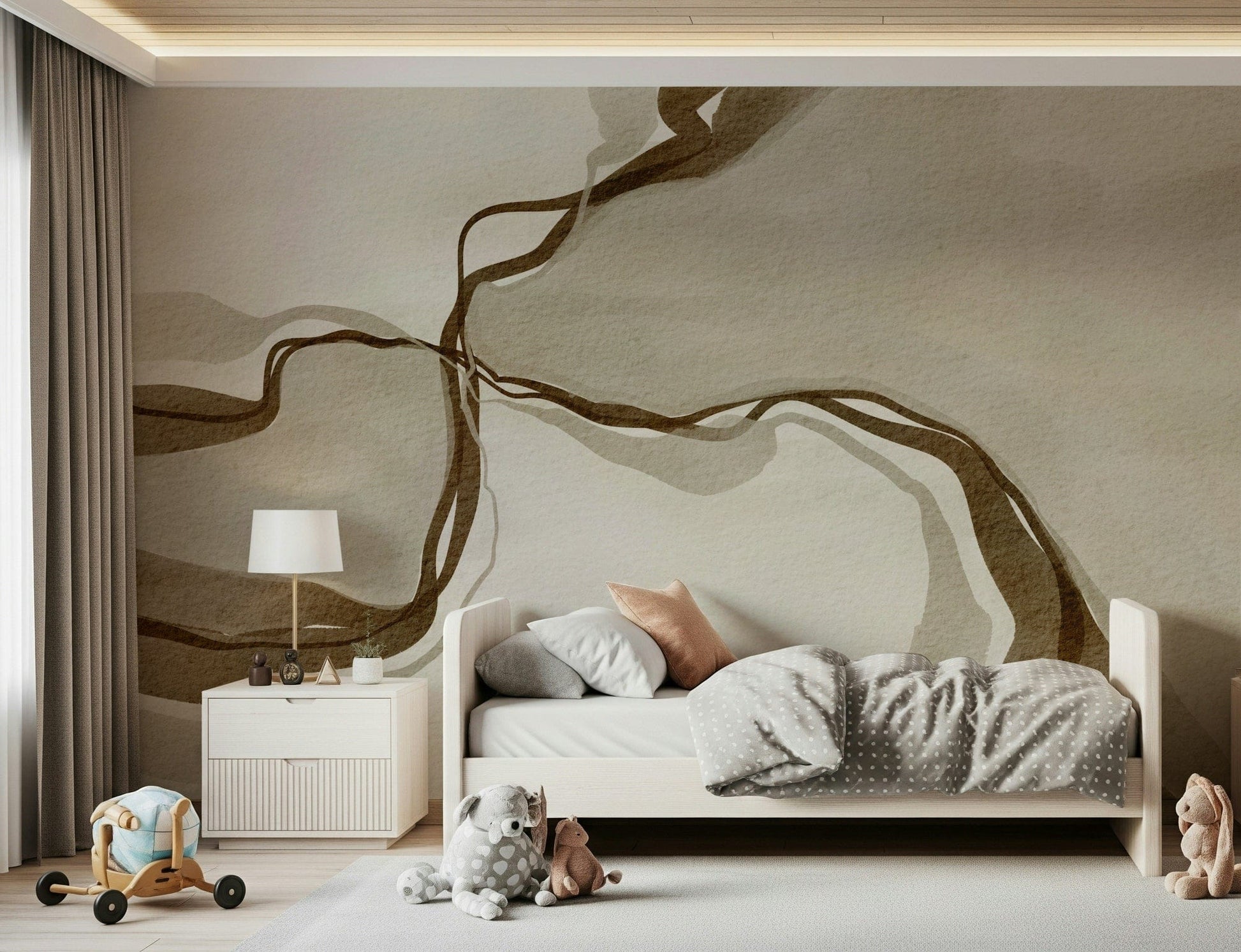 Whispers wallpaper design, minimalist style, brown hues.