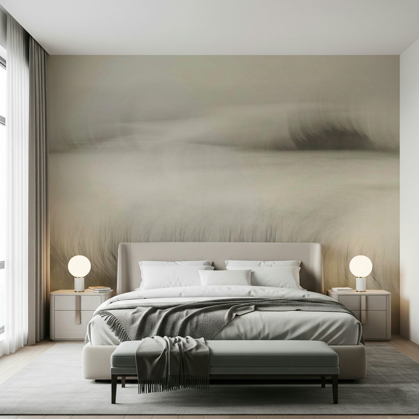 A peaceful modern abstract mural on decorative wallpaper.
