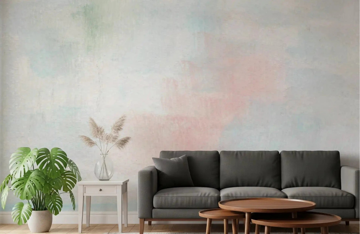 Blush and Orange Horizon Wall Mural creates a warm painted backdrop in this Living area., GD9117