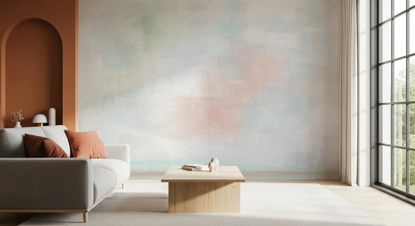 Blush and Orange Horizon Wall Mural provides a serene sunset vibe for this living space.