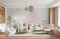 Living room featuring the Abstract Blush and Orange Horizon Wall Mural design.