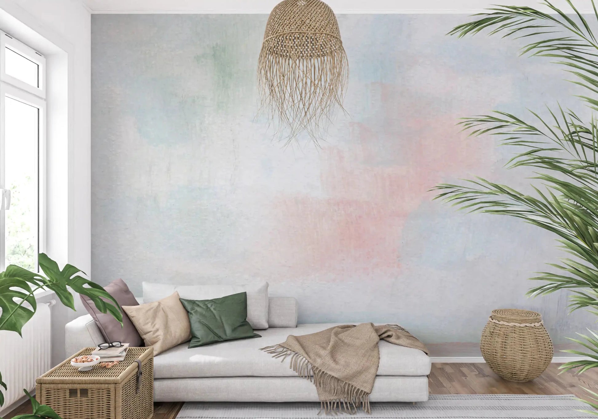 Close view of the hand painted texture on the Blush and Orange Horizon Wall Mural surface.