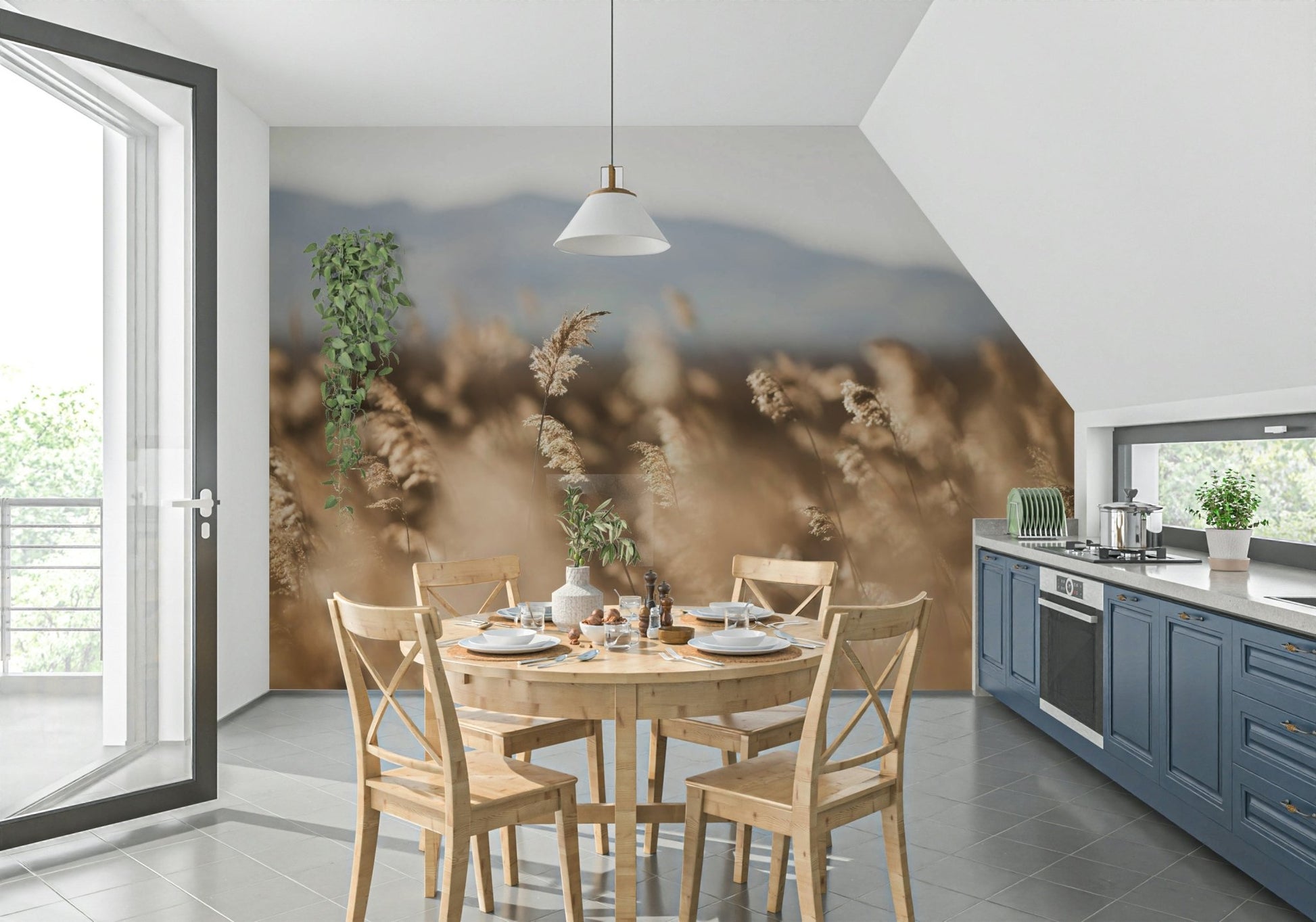 A peaceful open country mural on decorative wallpaper.