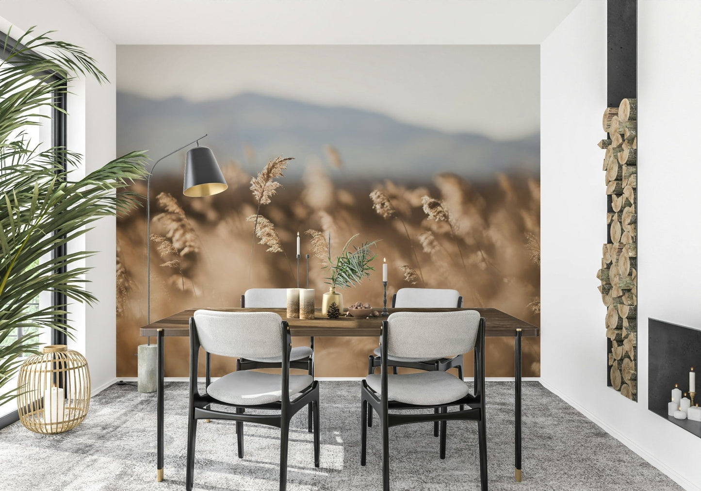 An artistic natural vista mural on scenic wallpaper.