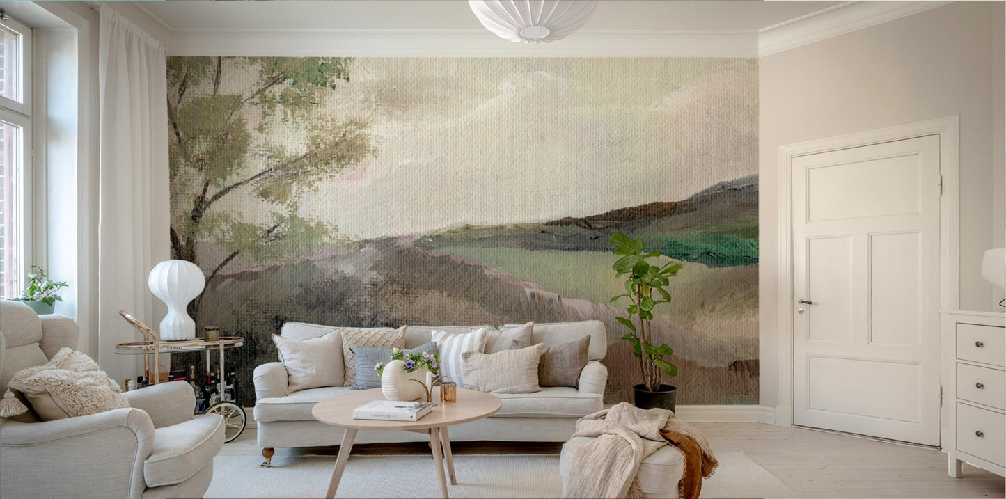 Minimalist mural with hills and hazy atmosphere

