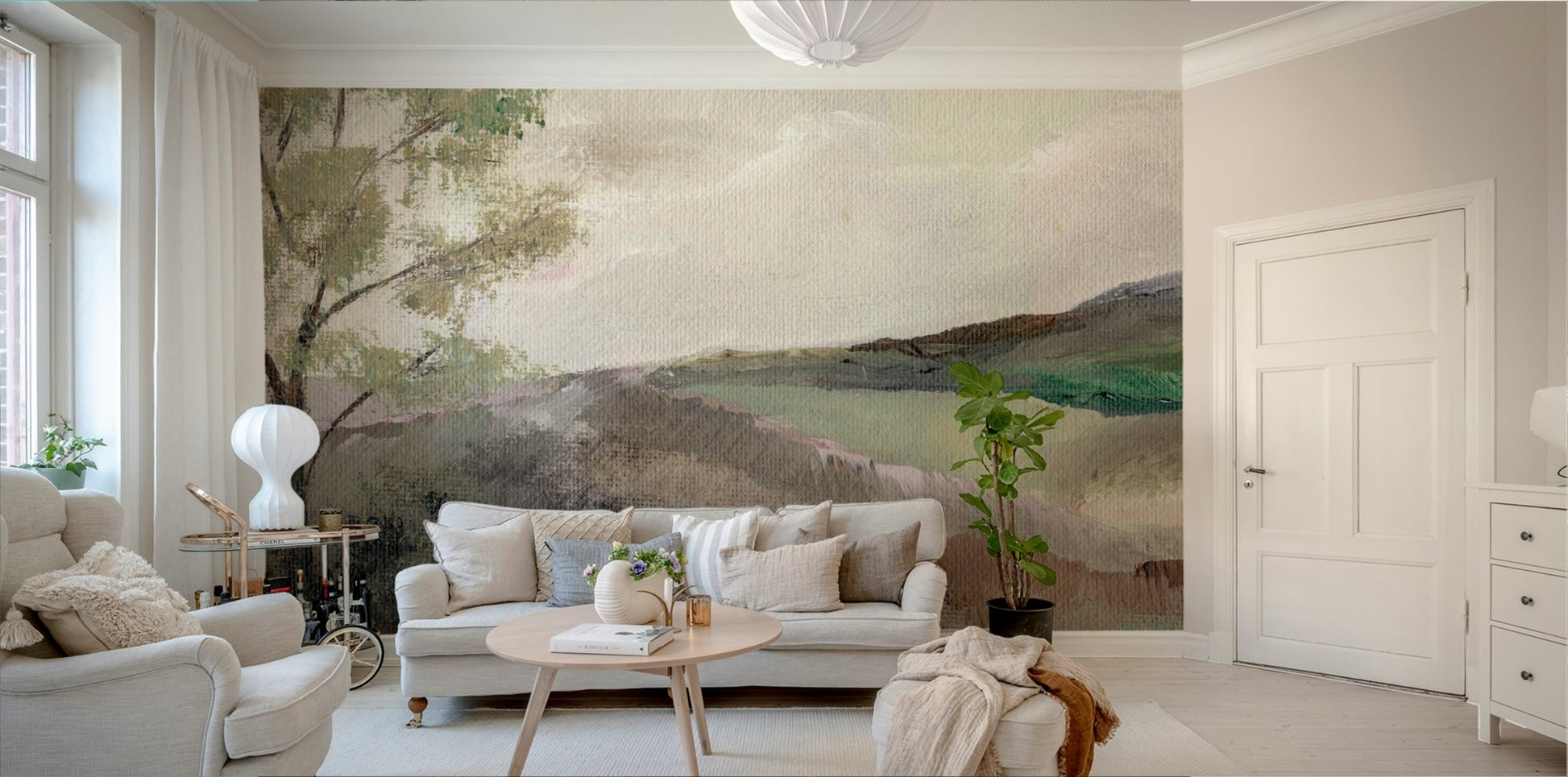Minimalist mural with hills and hazy atmosphere

