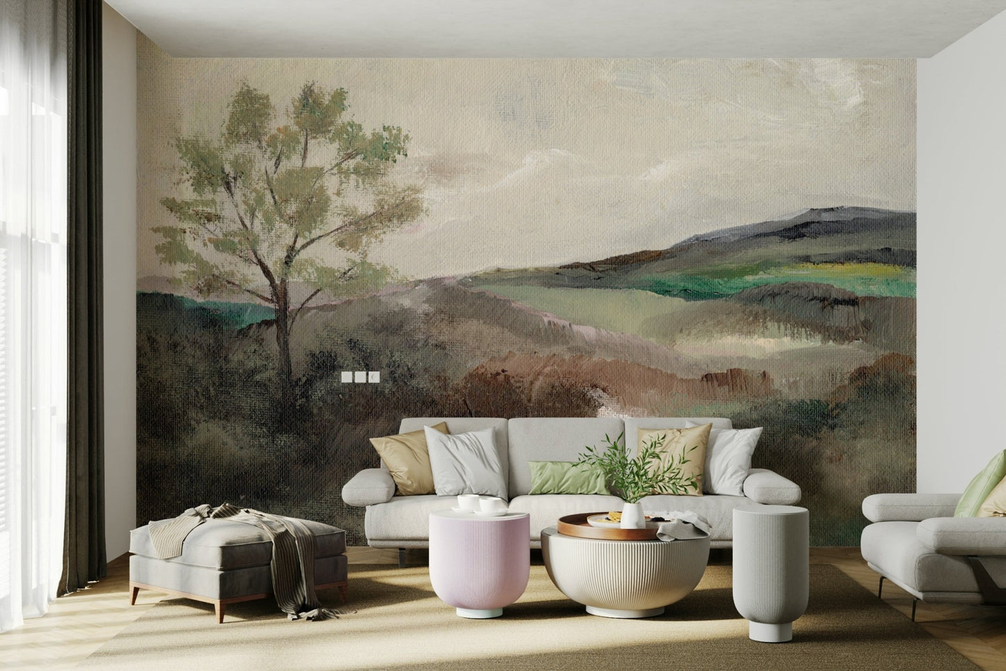 Earth-toned mural with whispering hill forms

