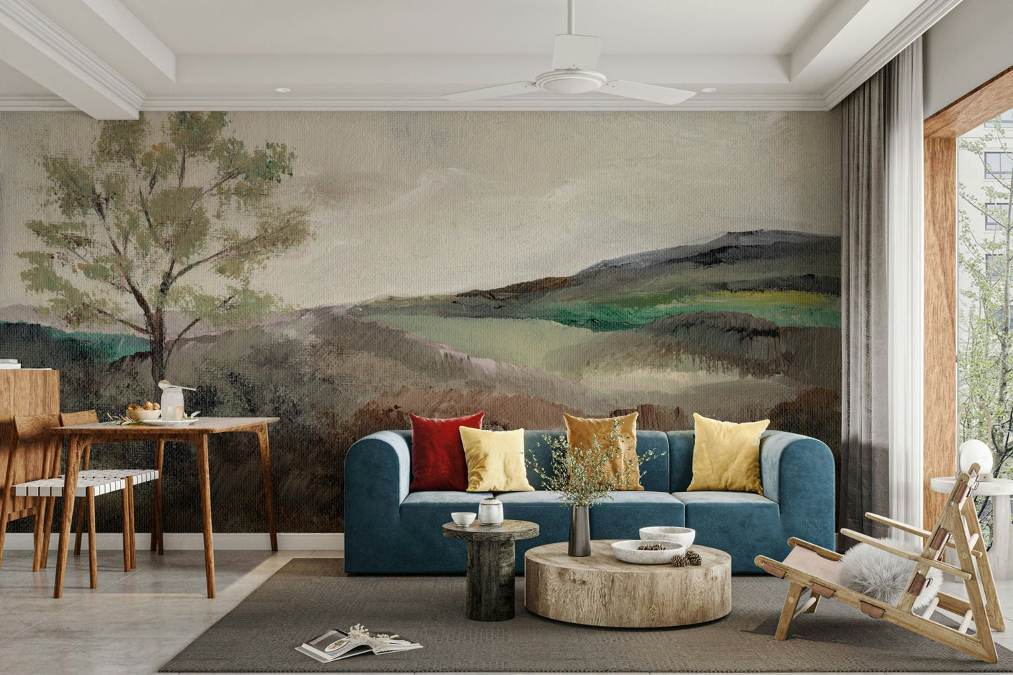 Layered landscape wall mural with misty hues

