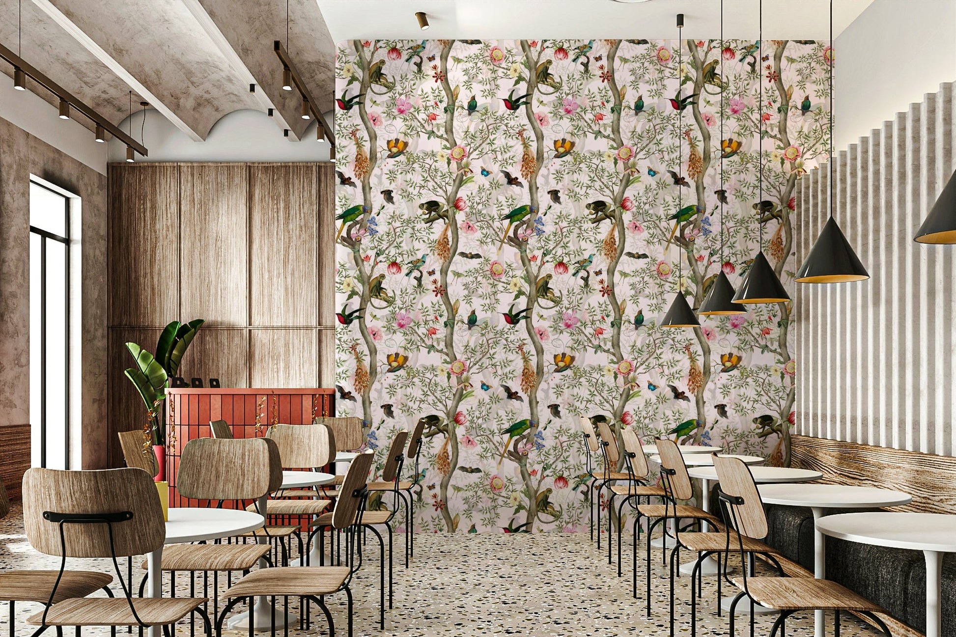 Tropical jungle wall art with lush greenery and palms

