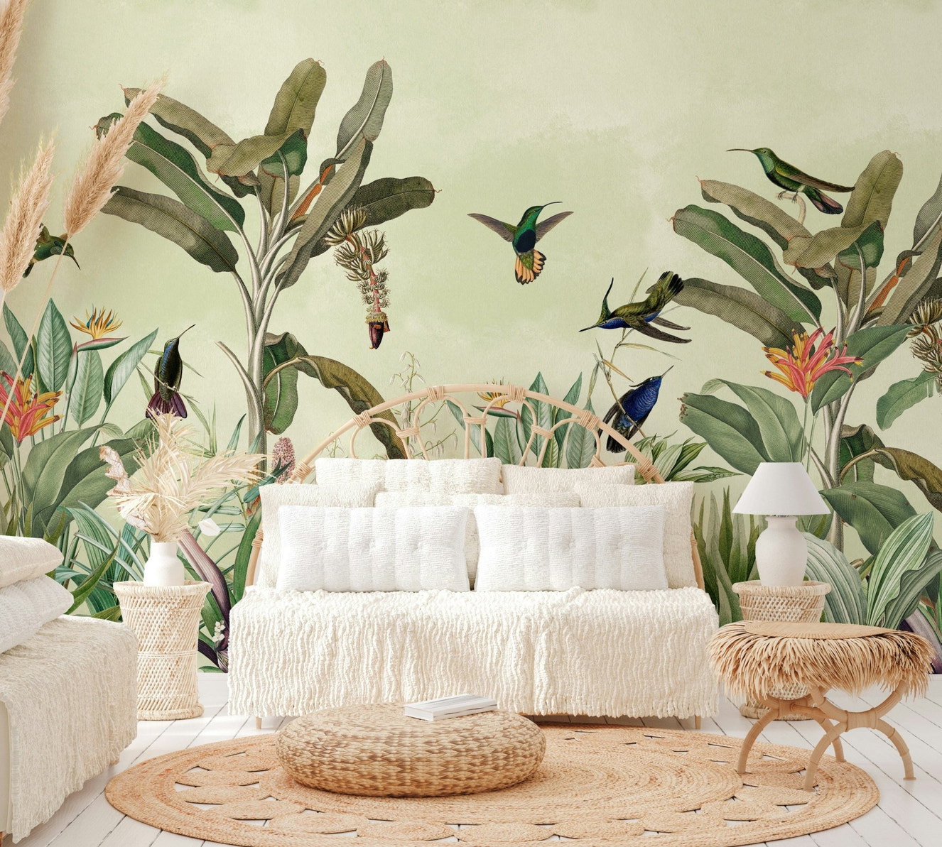 Jungle leaves and wildlife mural for home decor

