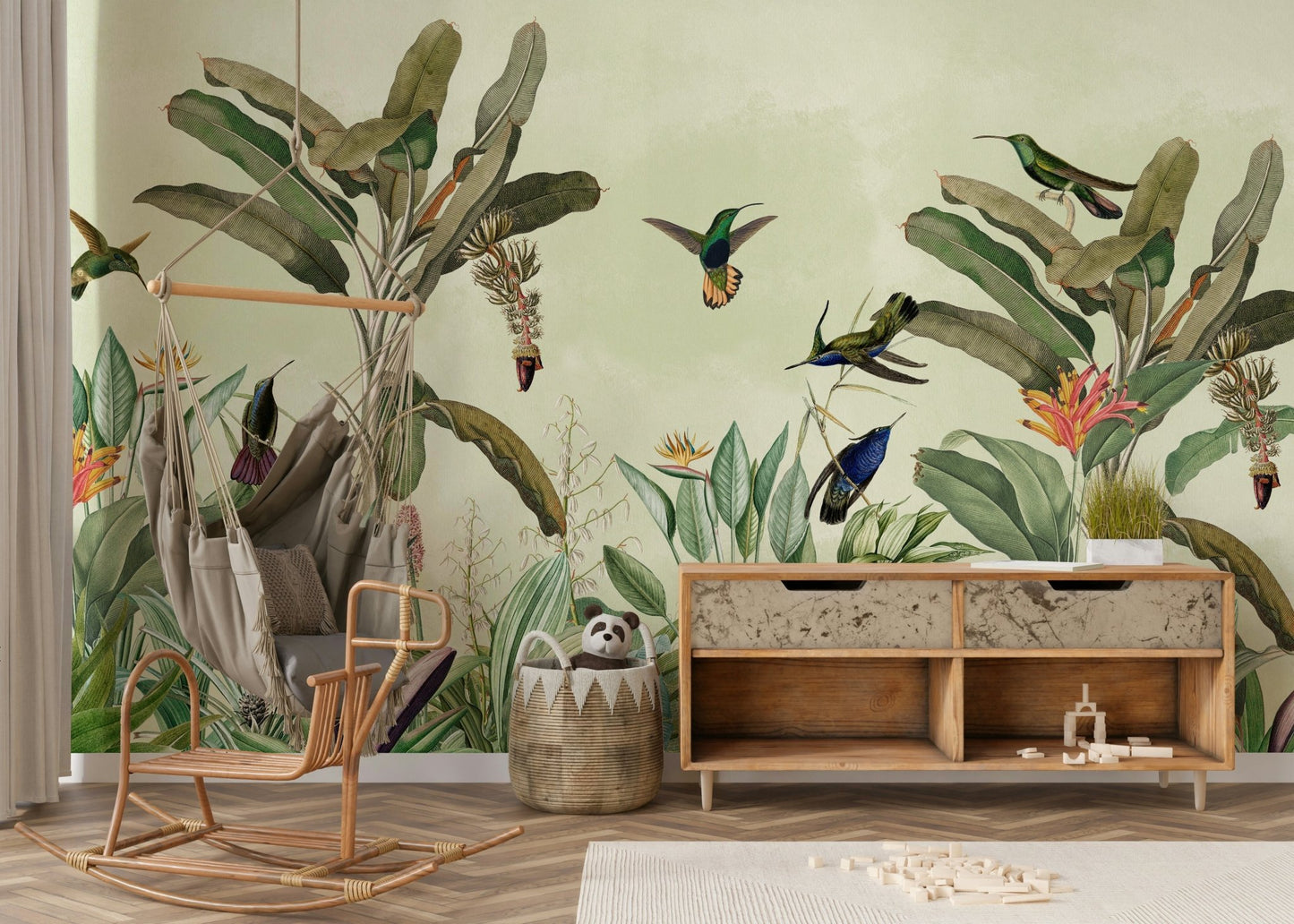 Exotic jungle mural featuring tropical foliage

