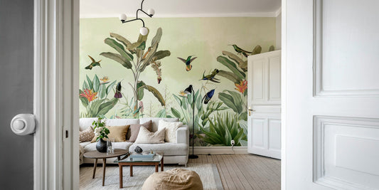 Lush jungle wall mural with vibrant green foliage

