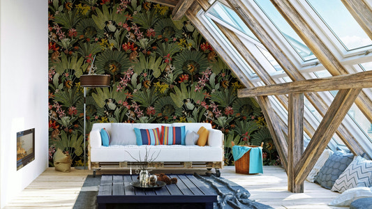 Textured jungle wallpaper featuring tropical plants.

