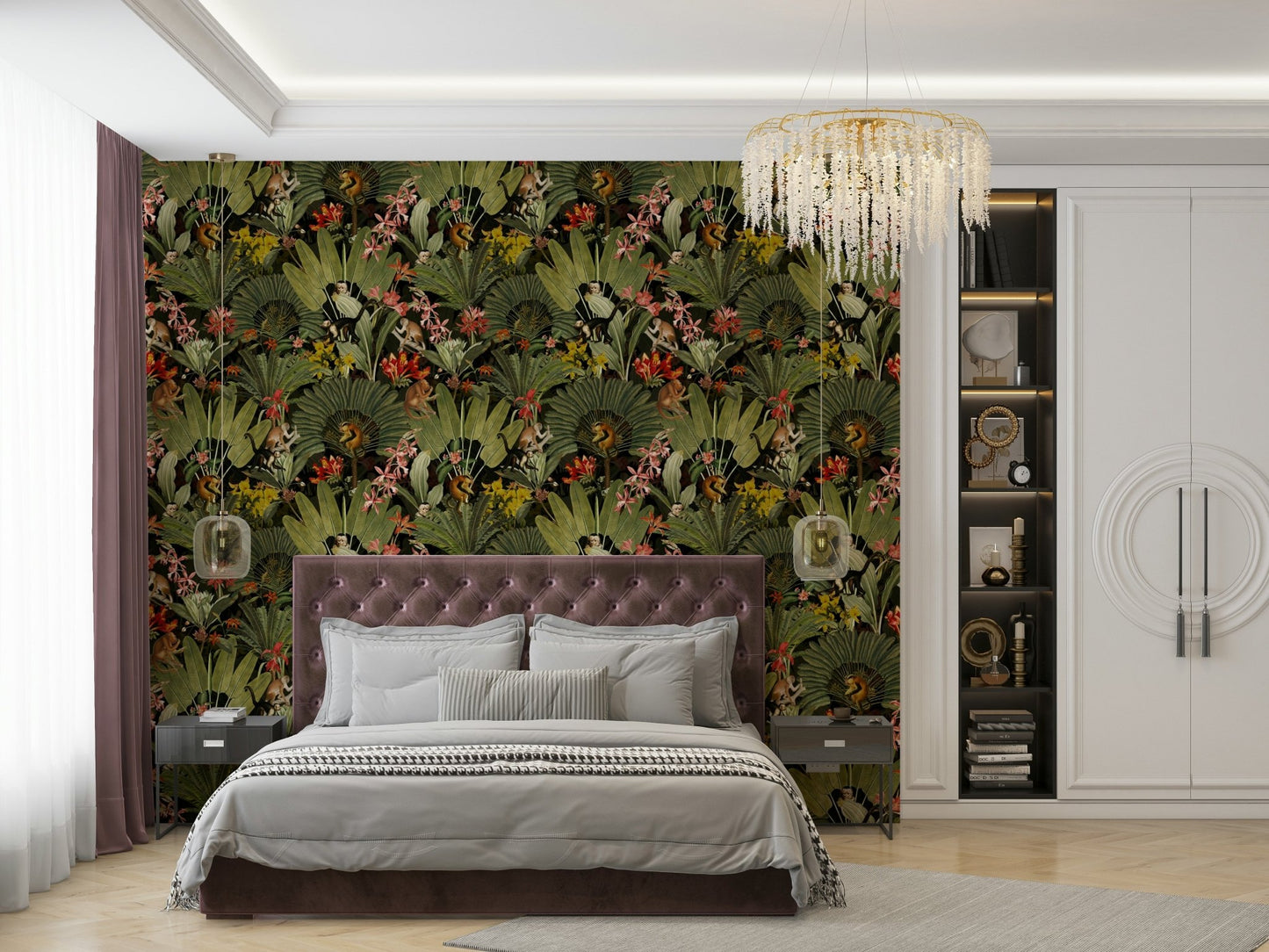 Lush green foliage with jungle-inspired wallpaper.

