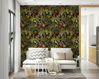 Jungle-inspired wallpaper with tropical plants design.

