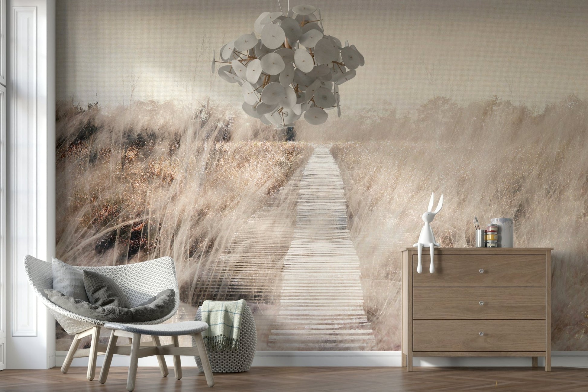 A beautiful serene marsh path wallpaper mural for a modern home., GD5605