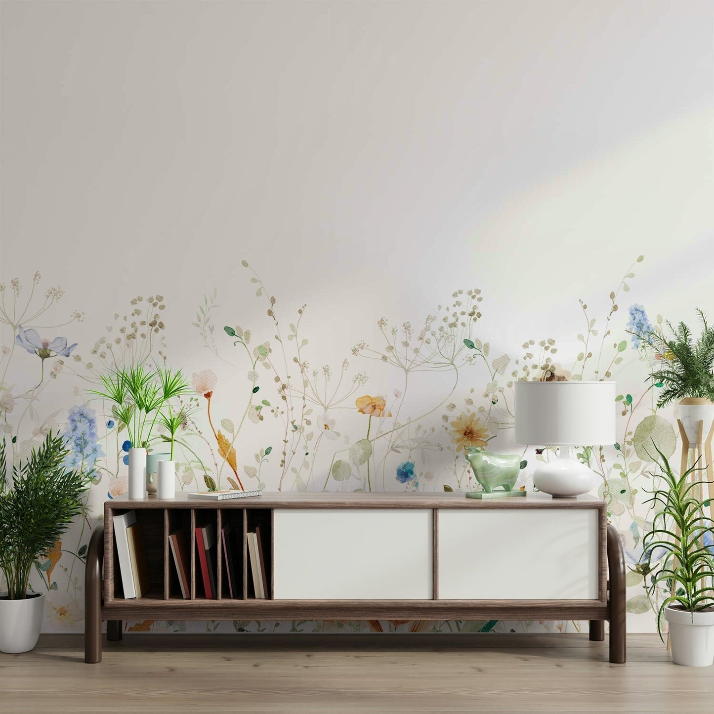 Pastel meadow wall mural design for relaxing rooms.

