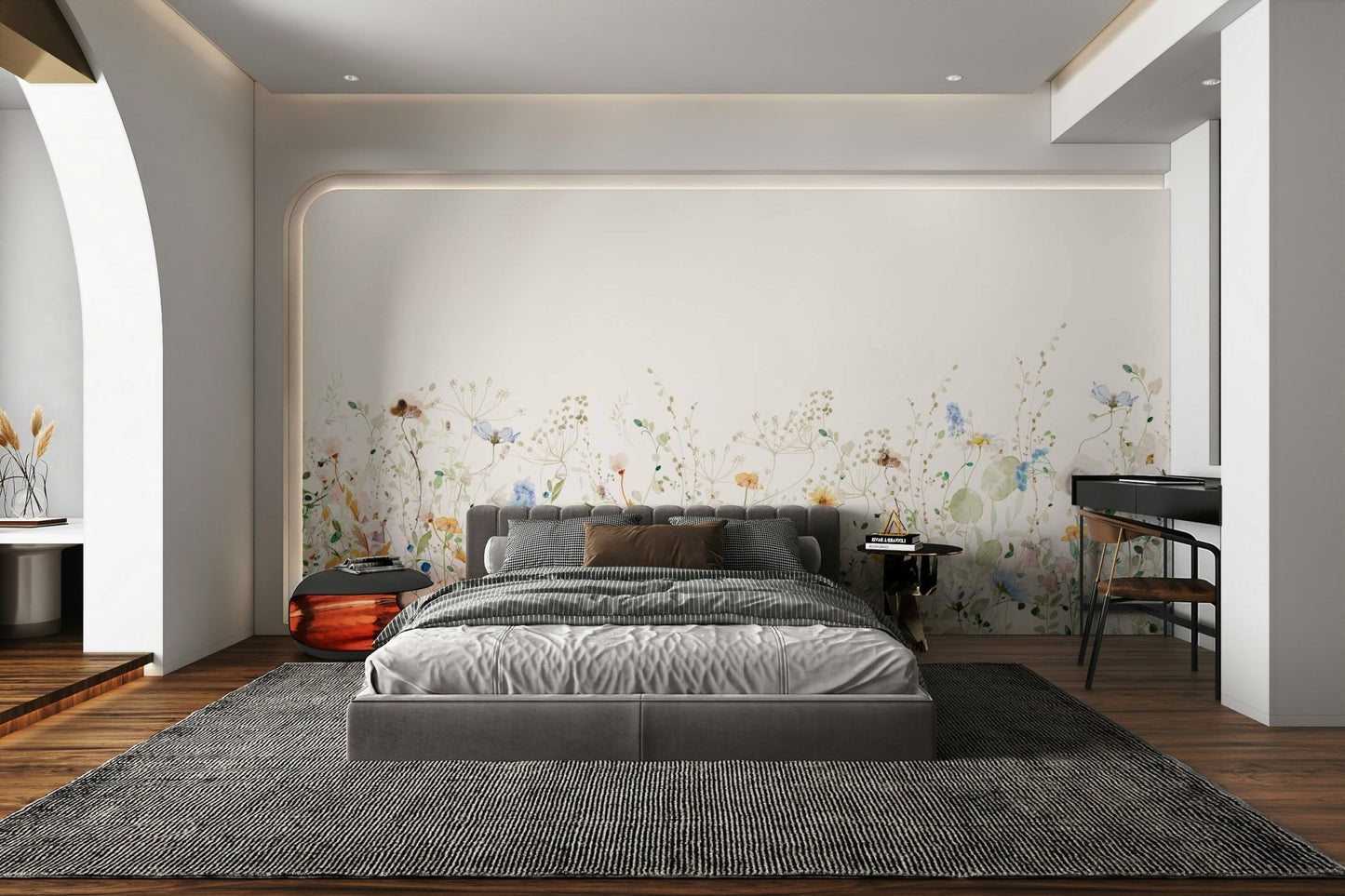 Soft floral meadow mural with delicate wildflowers.

