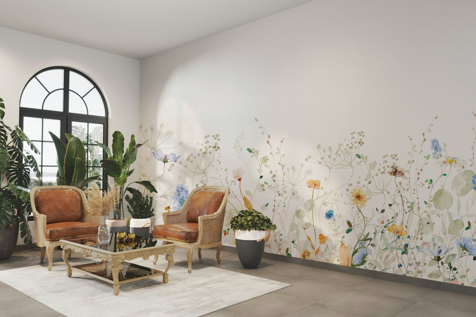Nature-inspired wall mural with gentle meadow tones.


