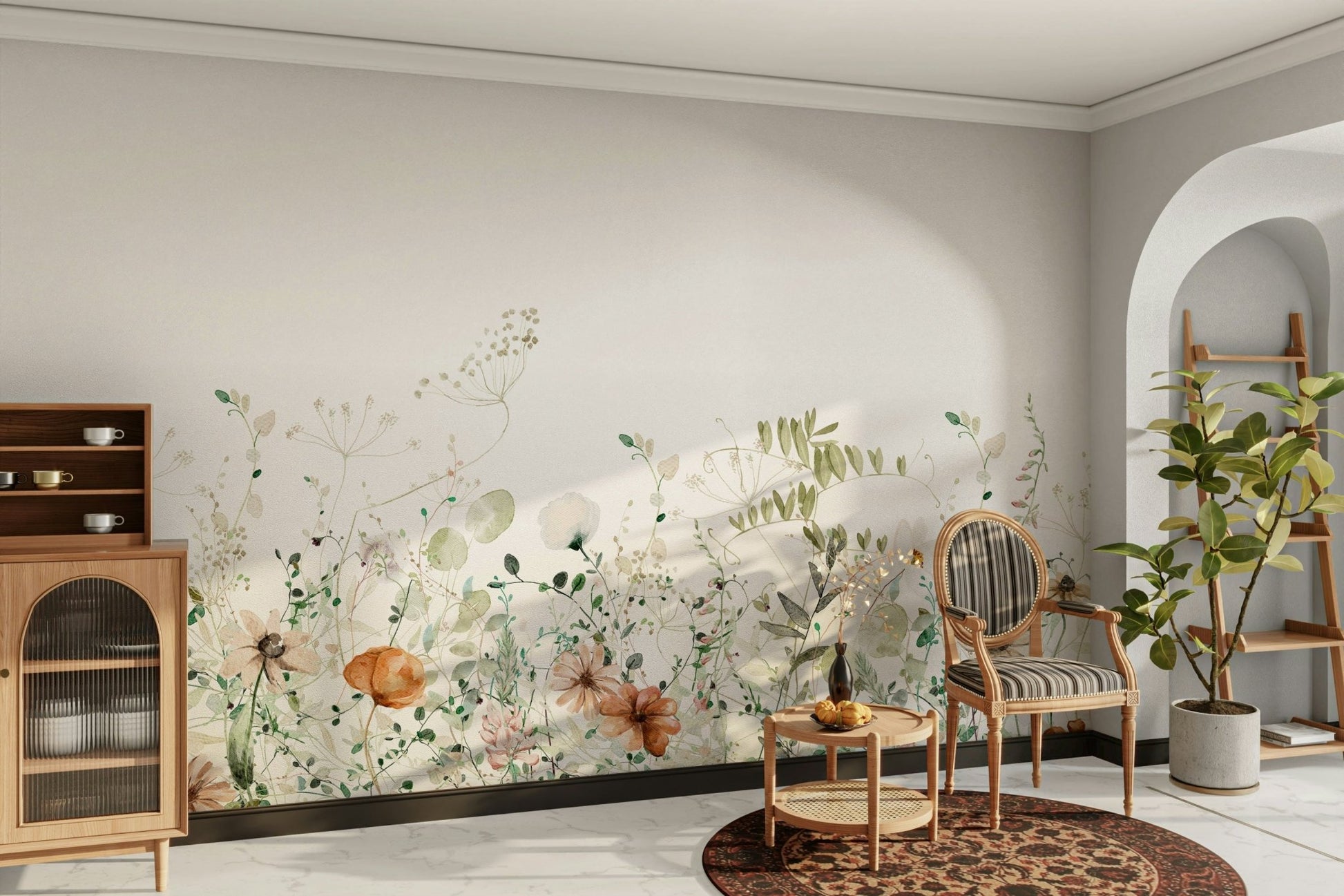 Tranquil meadow mural creating a calming atmosphere.

