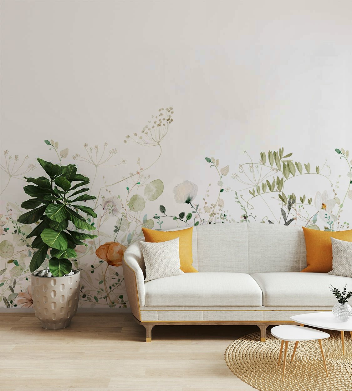 Soft, peaceful meadow mural with light floral accents.

