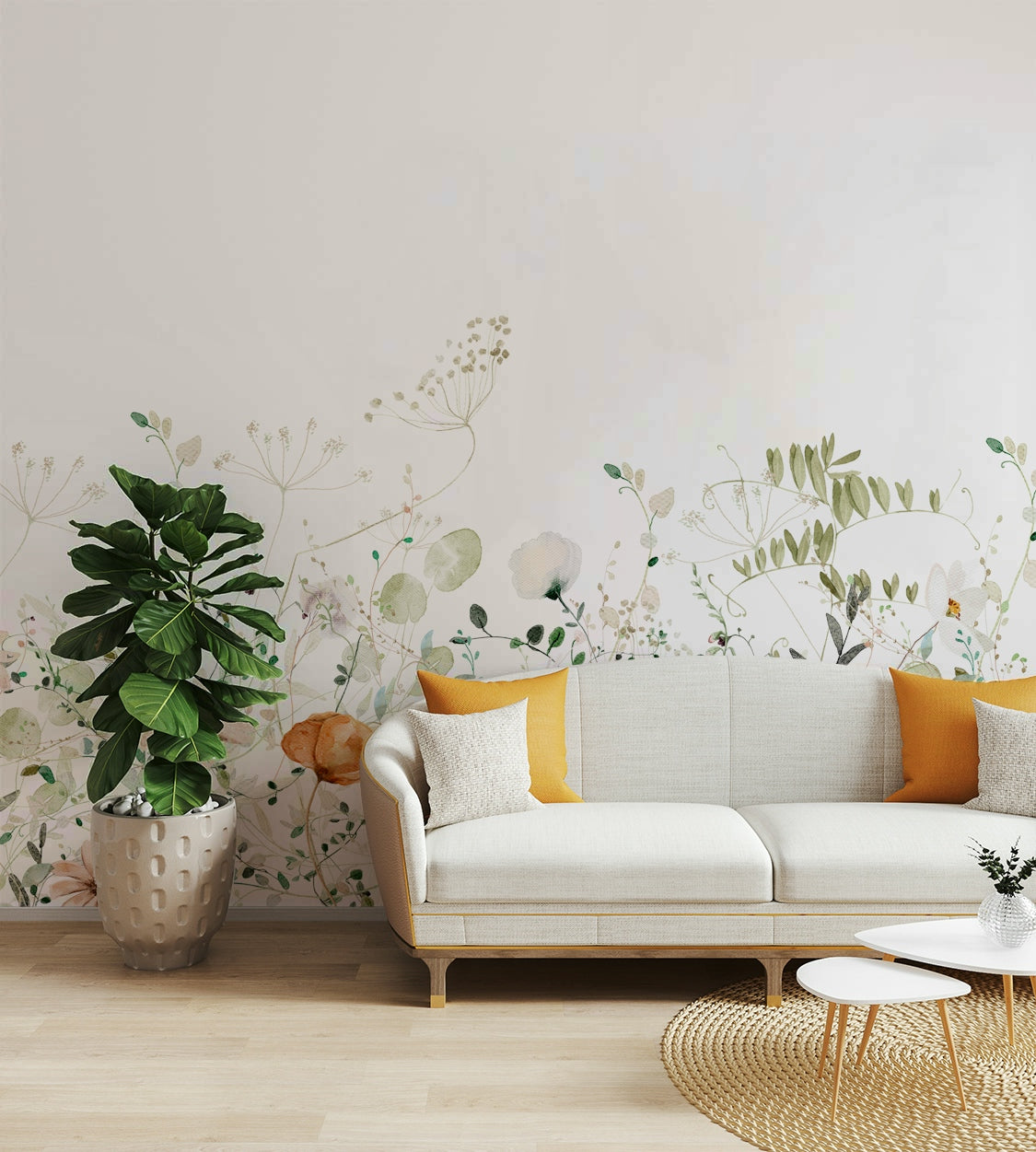 Soft, peaceful meadow mural with light floral accents.

