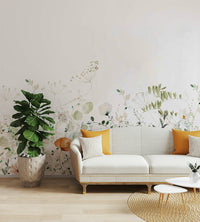 Soft, peaceful meadow mural with light floral accents.

