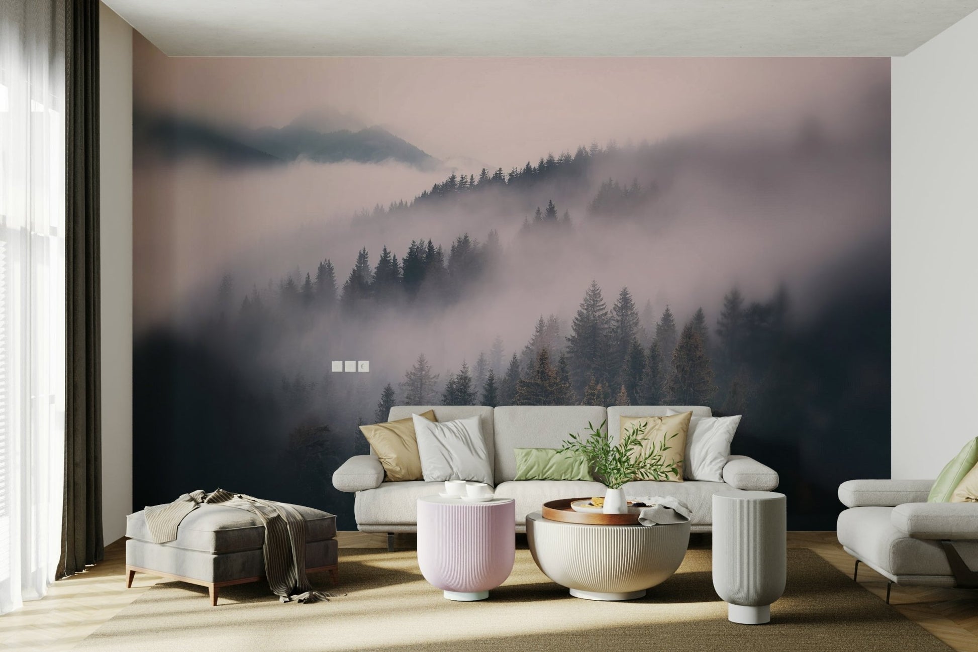 Misty Woods mural in a calm, rustic reading nook

