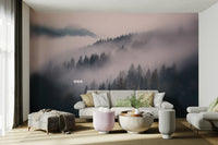 Misty Woods mural in a calm, rustic reading nook

