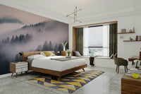 Whispers of the Misty Woods mural in dim natural light

