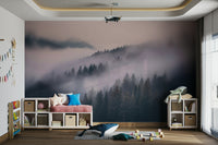 Bedroom featuring misty woodland mural backdrop

