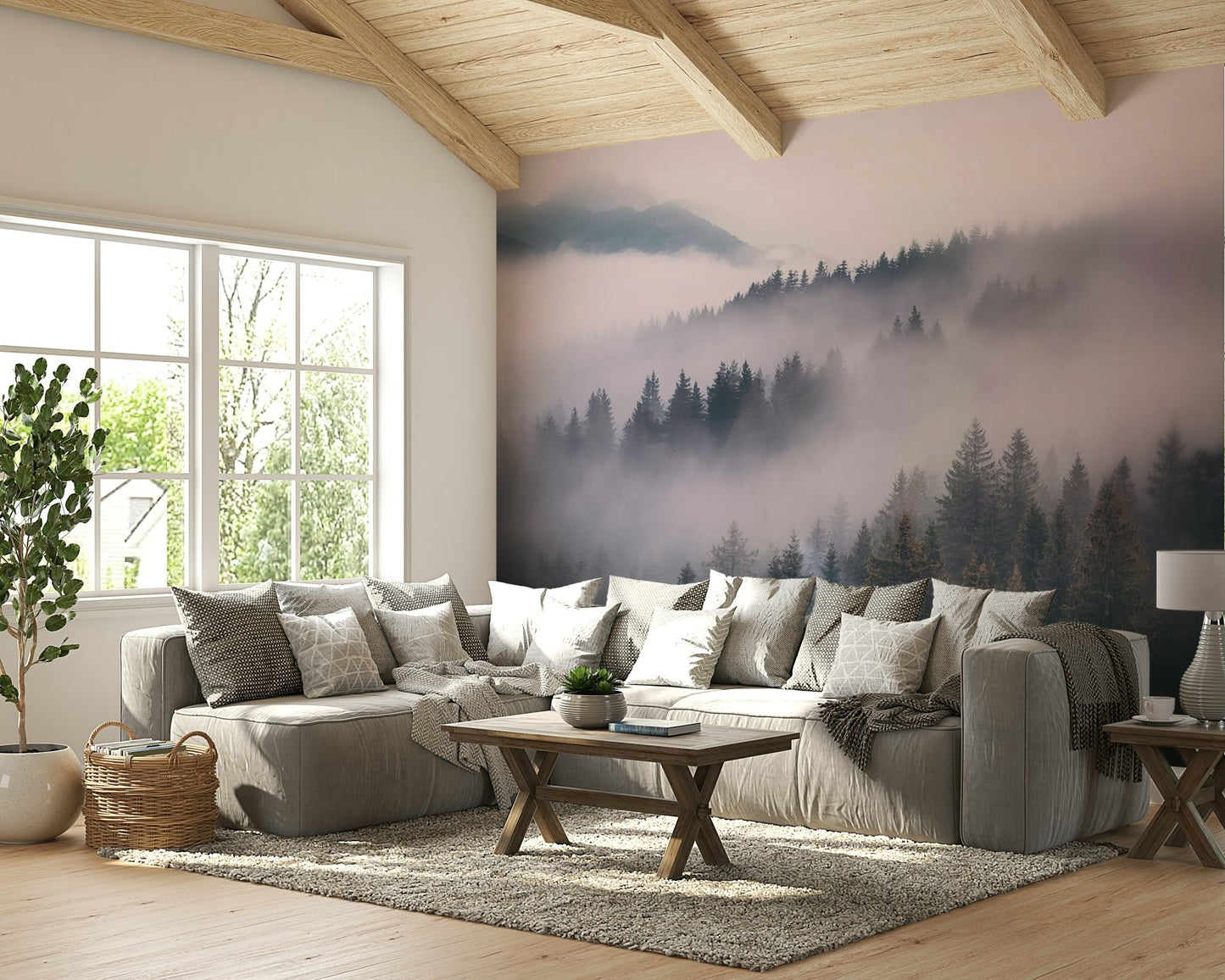 Tranquil forest wall mural in soft grayscale tones

