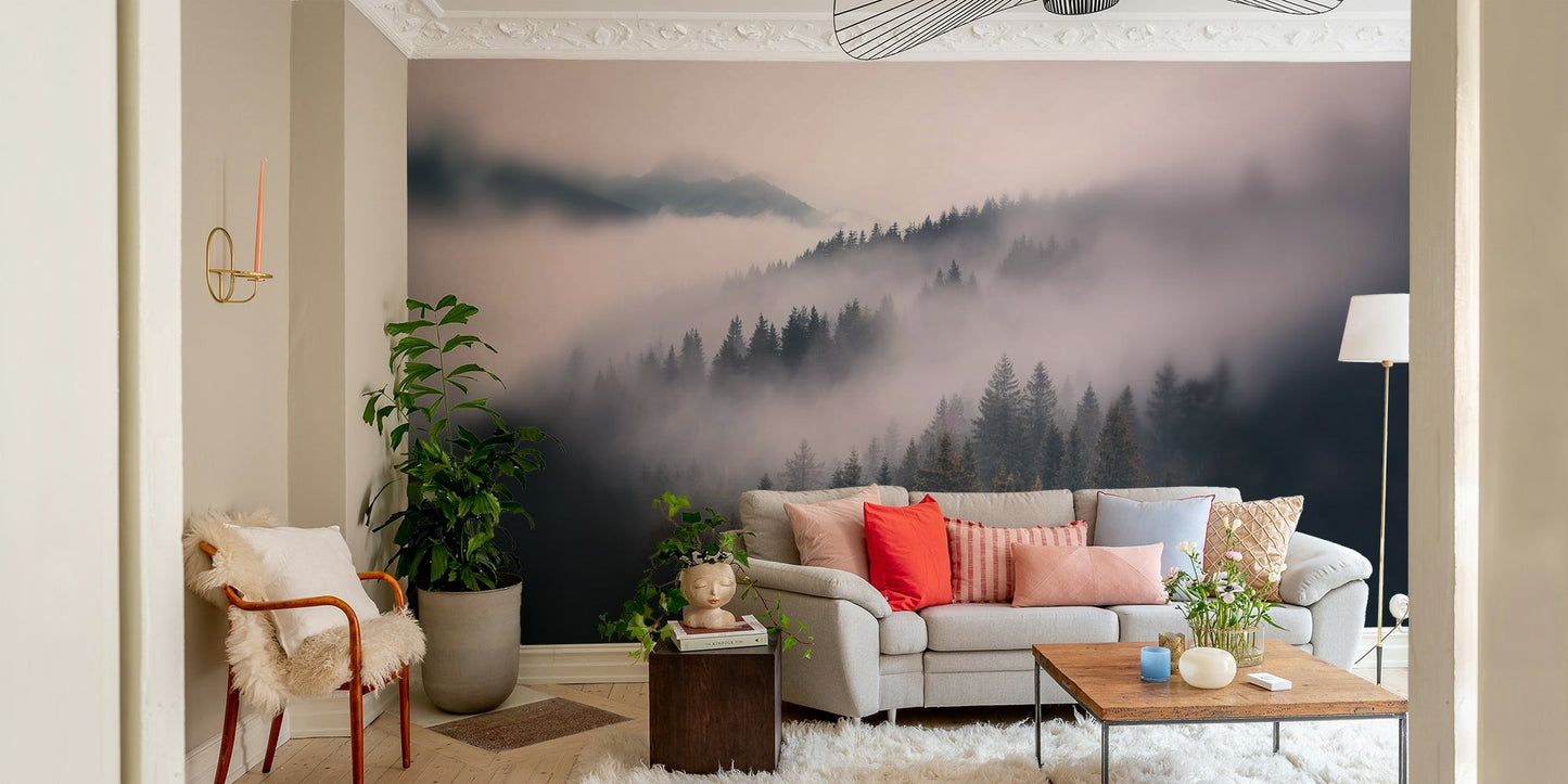 Whispers of the Misty Woods mural with foggy forest scene

