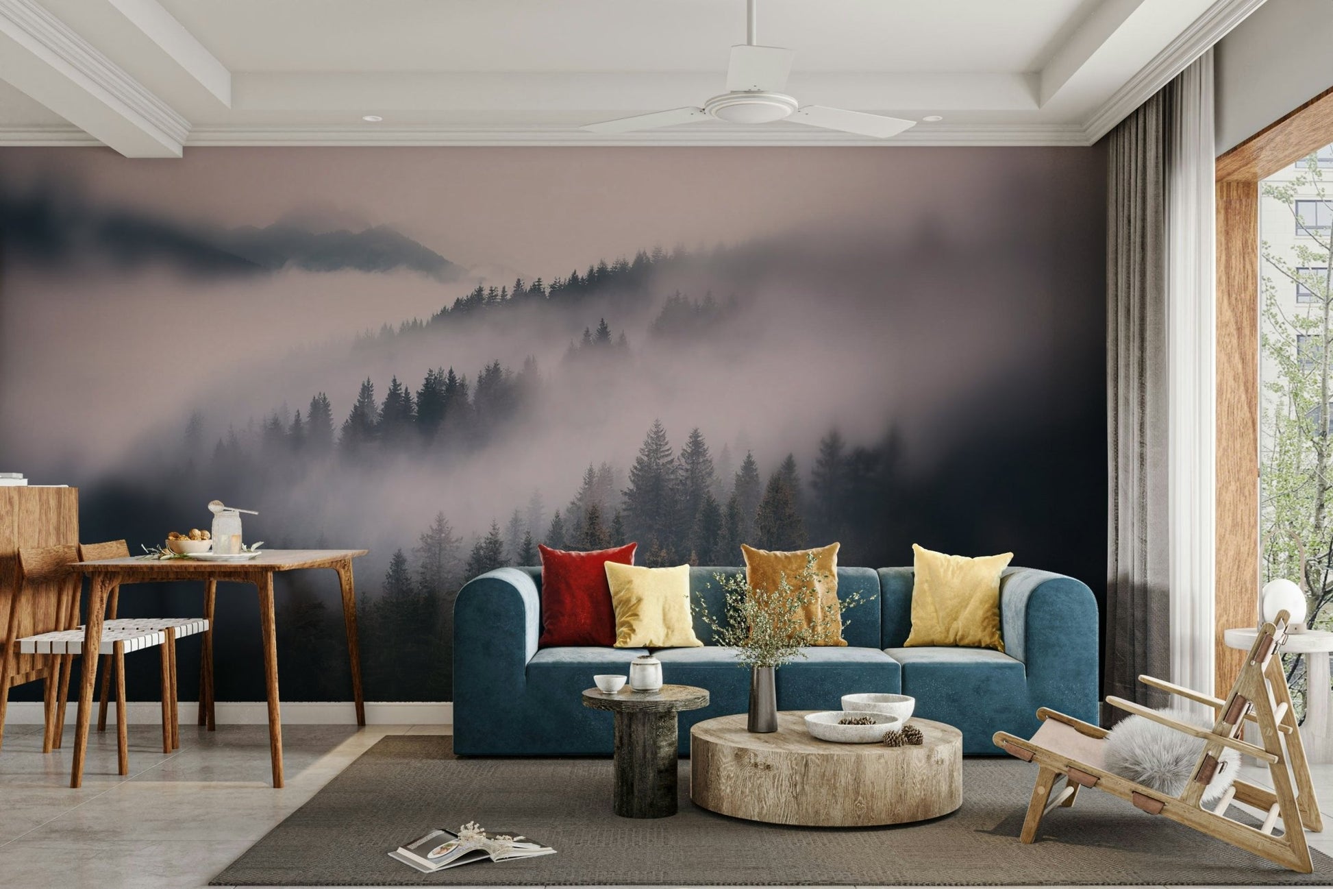 Meditation room styled with serene forest wall mural

