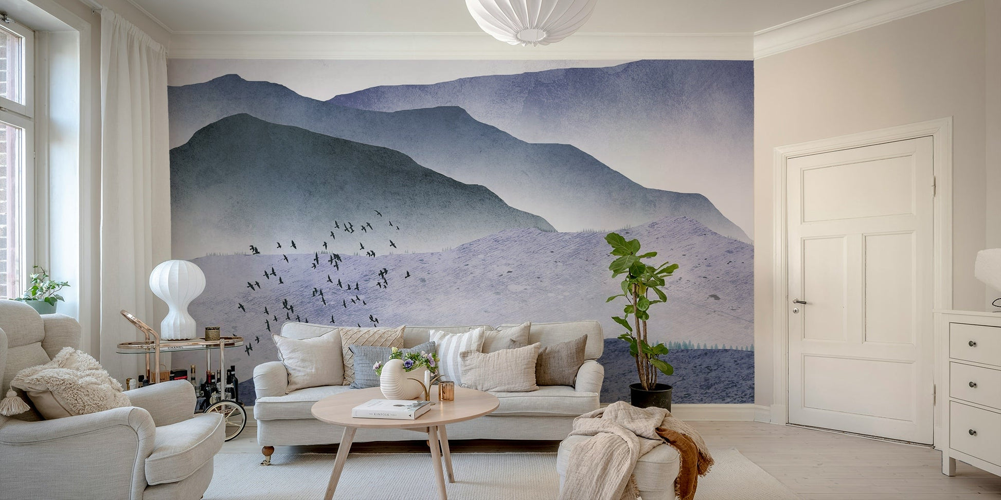 Flying birds over quiet hills mural

