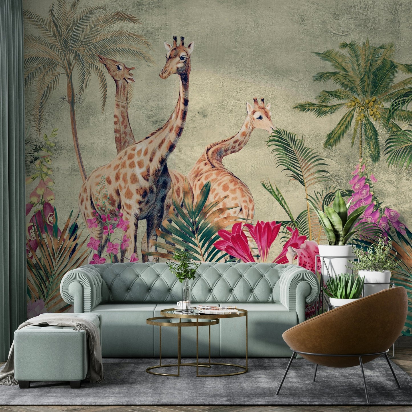 Large savannah mural with vibrant orange and yellow hues

