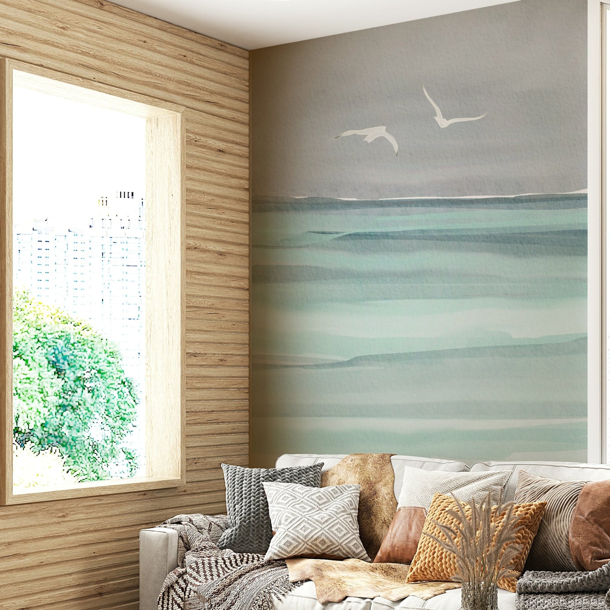 Bedroom decorated with coastal wall mural

