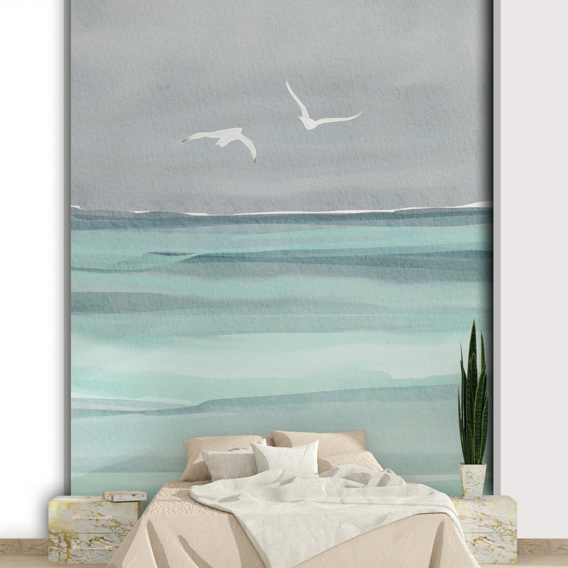 Whispers of the Sea wall mural on living room wall

