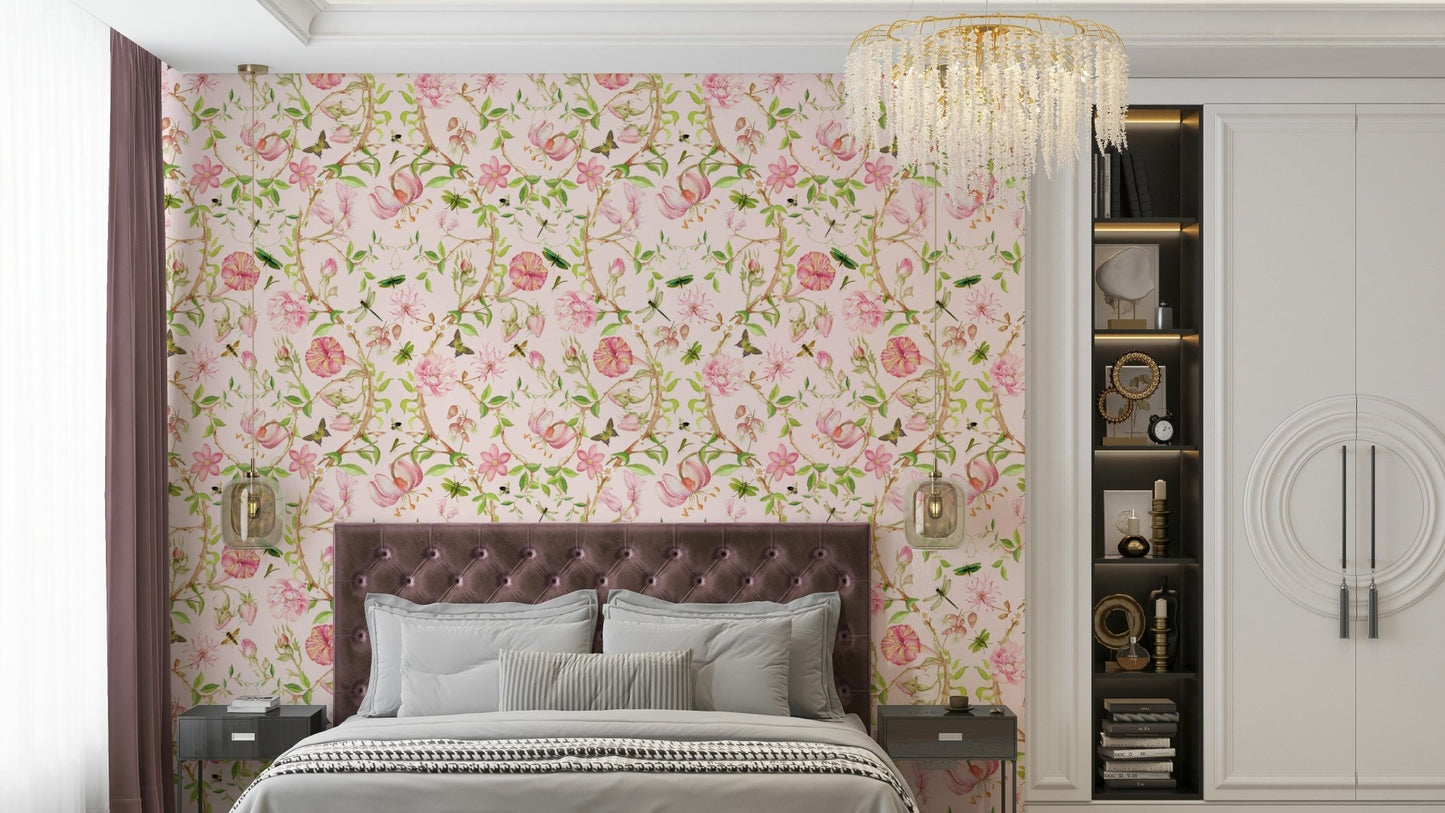 Birds resting in blooming garden wallpaper

