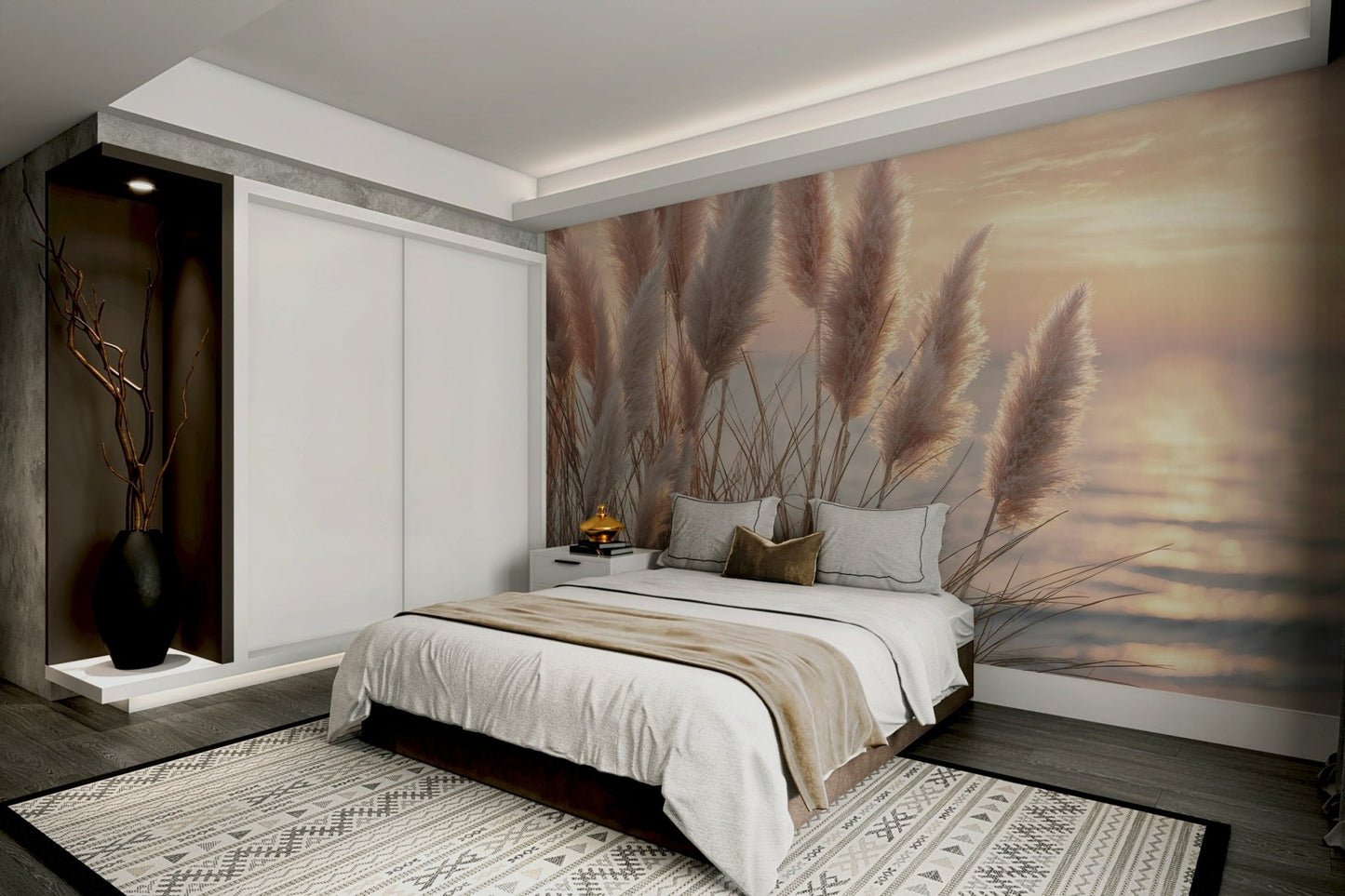 Living room styled with Whispers of the Shore mural

