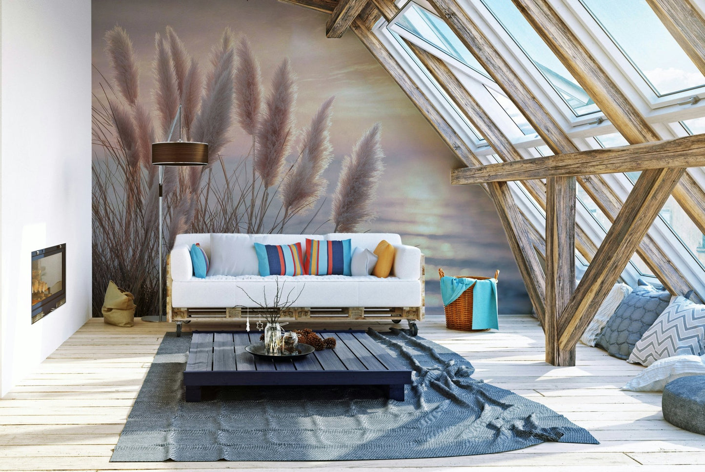 Tranquil ocean mural in neutral beige and blue hues

