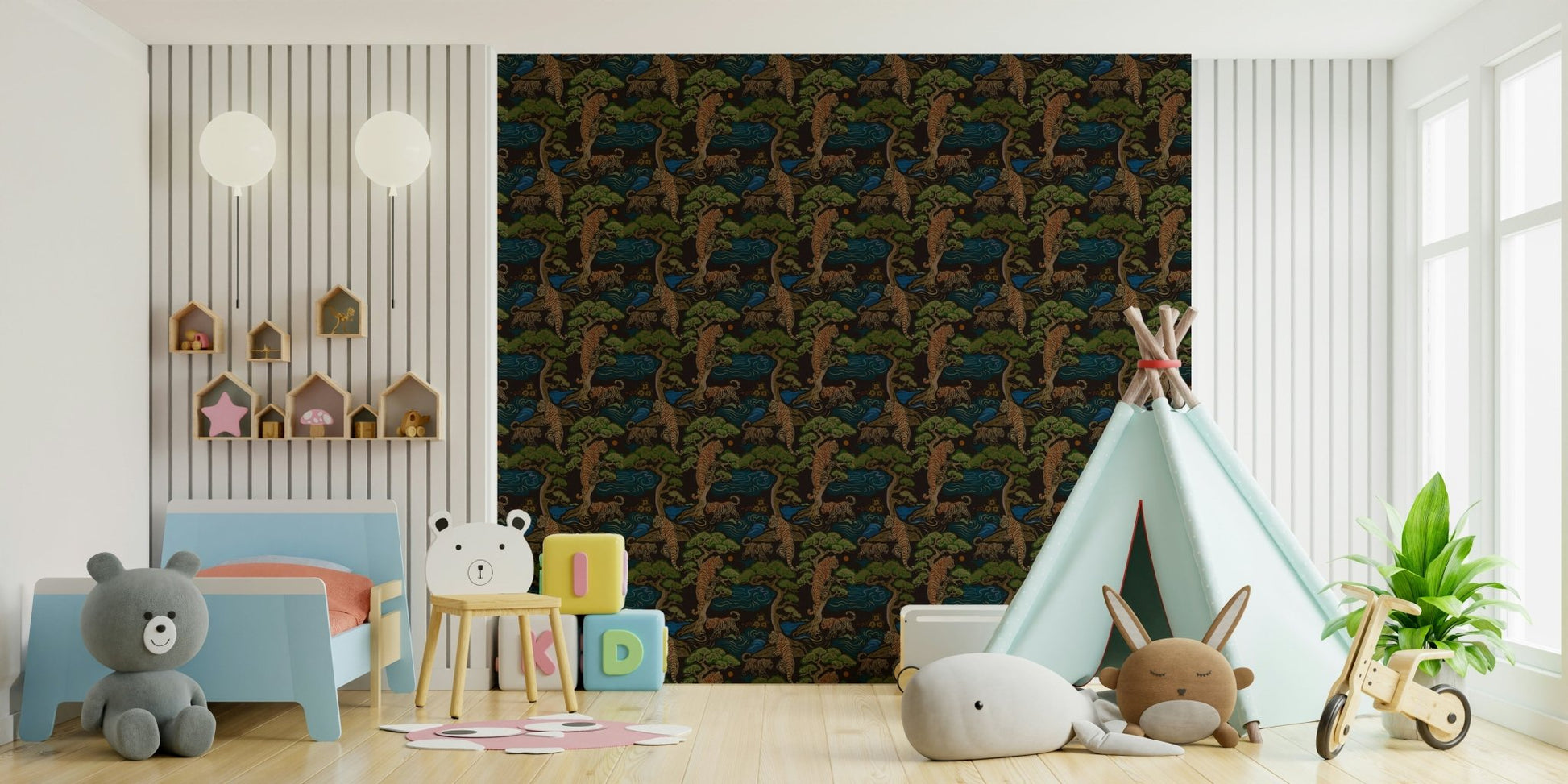 A dramatic jungle landscape wallpaper mural that defines a space.

